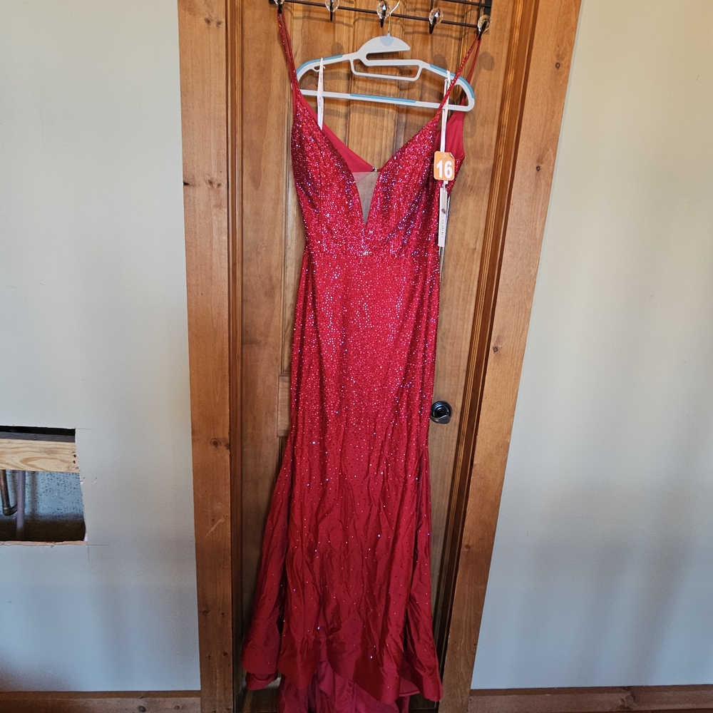 Mon Cheri Red Sparkle Prom Dress